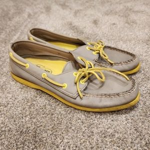Grey and yellow Sperry loafer